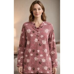 Kay Anna Pajama Top Nightshirt Sleepwear Cups Hearts Print Flannel Cotton Size M